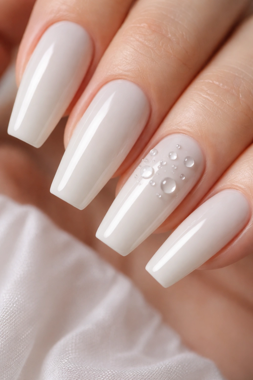 Close-up of milky nails with small clear gel dew drops