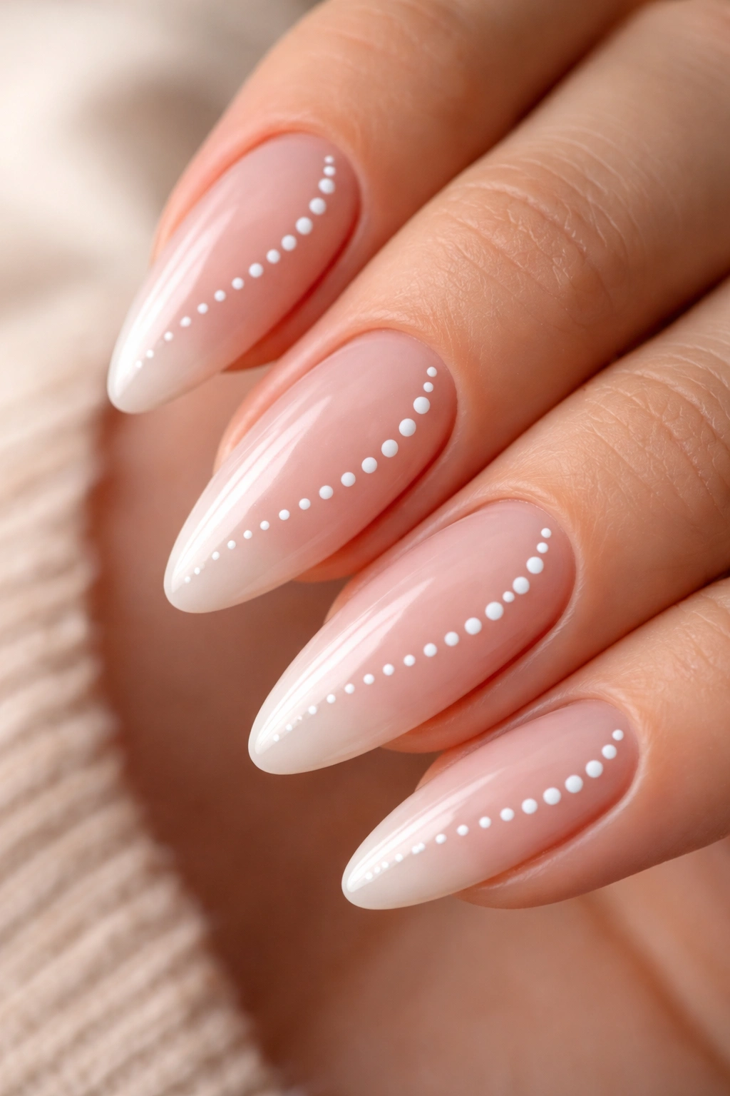 Almond nails with a curved trail of white dots on a sheer nude base