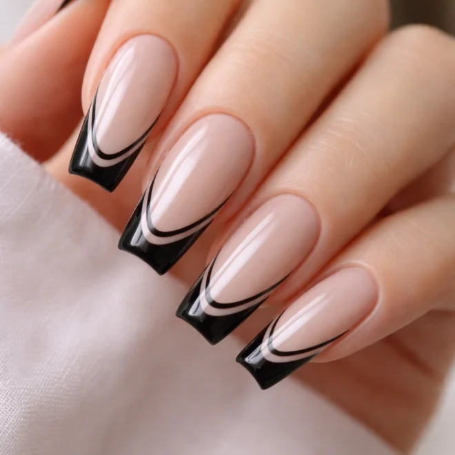 10 Black French Tip Coffin Nails That Look Clean