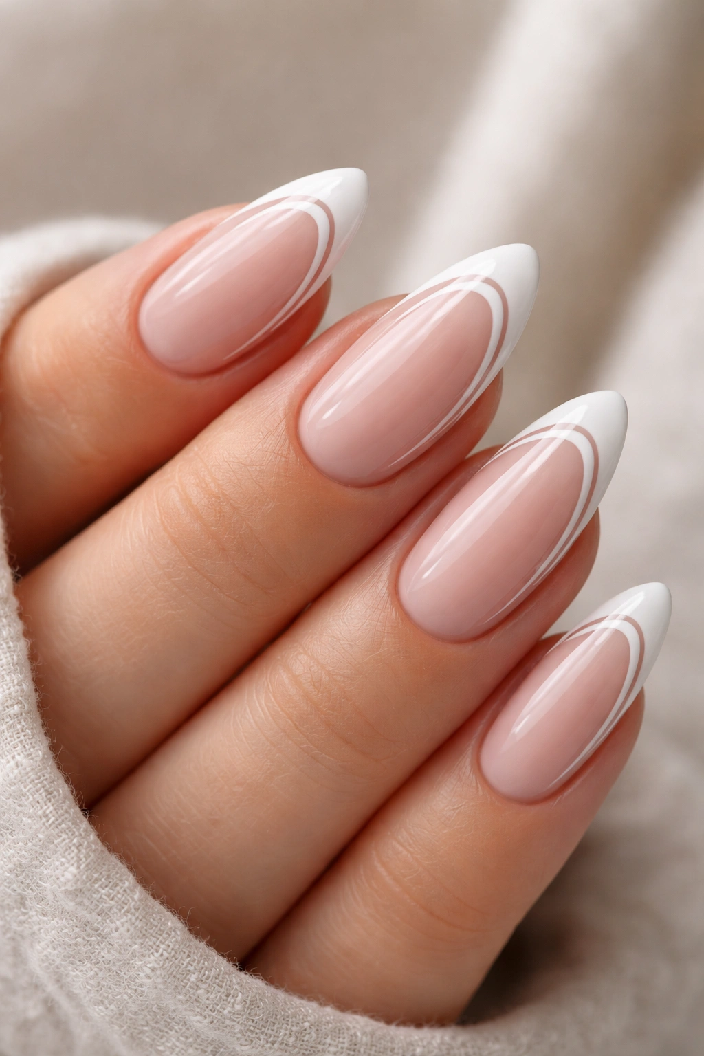 Almond nails with two thin white French lines for double French look