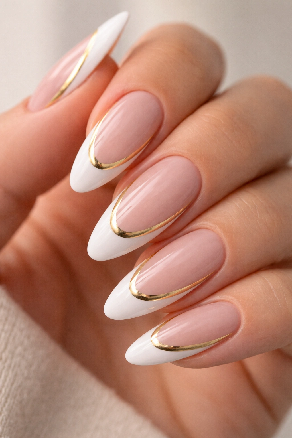 Close-up of double French almond nails with white and gold lines