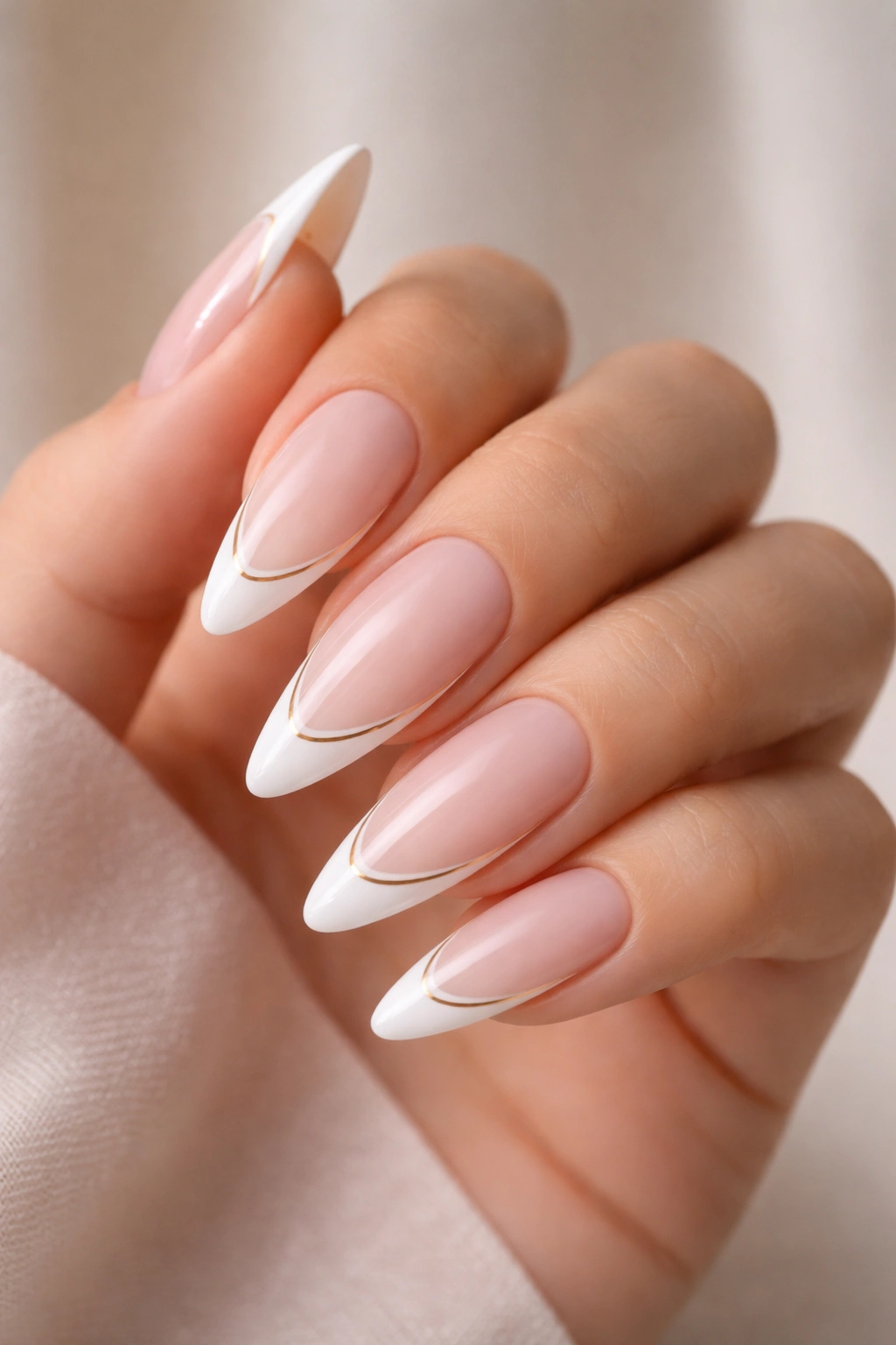 Close-up of long almond nails with two thin lines white and gold over a sheer base