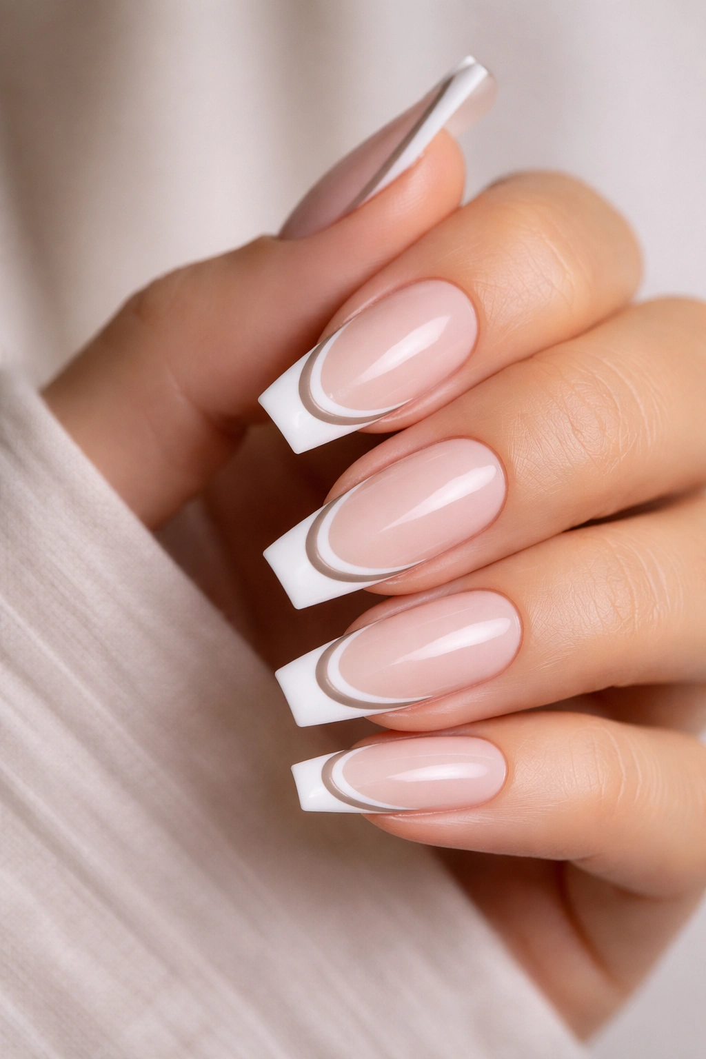 Coffin nails with double white and taupe lines close-up
