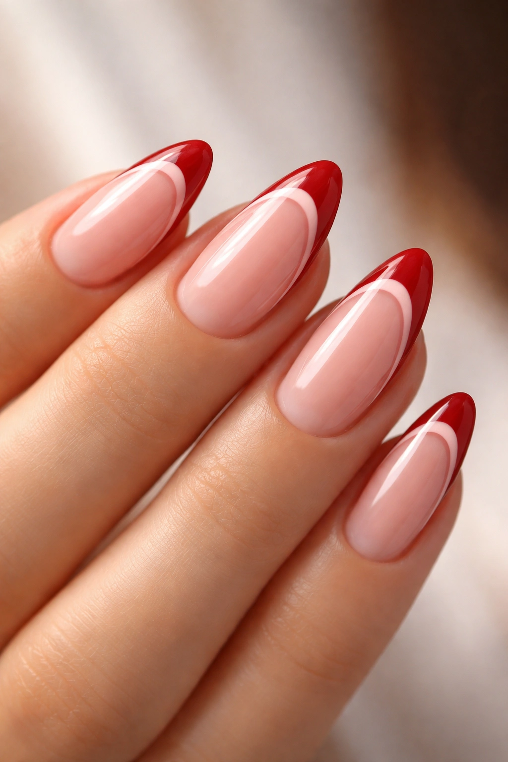 Almond nails with double French line: red tip and pale pink line underneath.