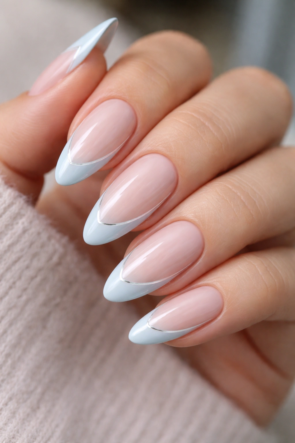 Almond nails with double French pastel blue tips