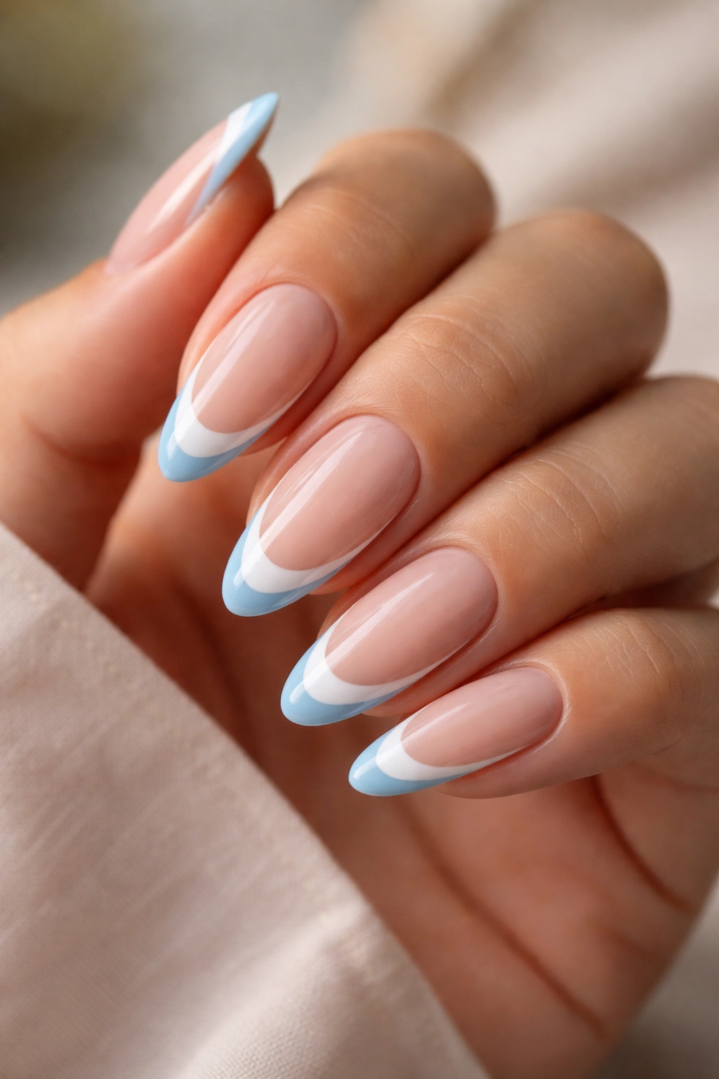 Almond nails with white and blue double French tips