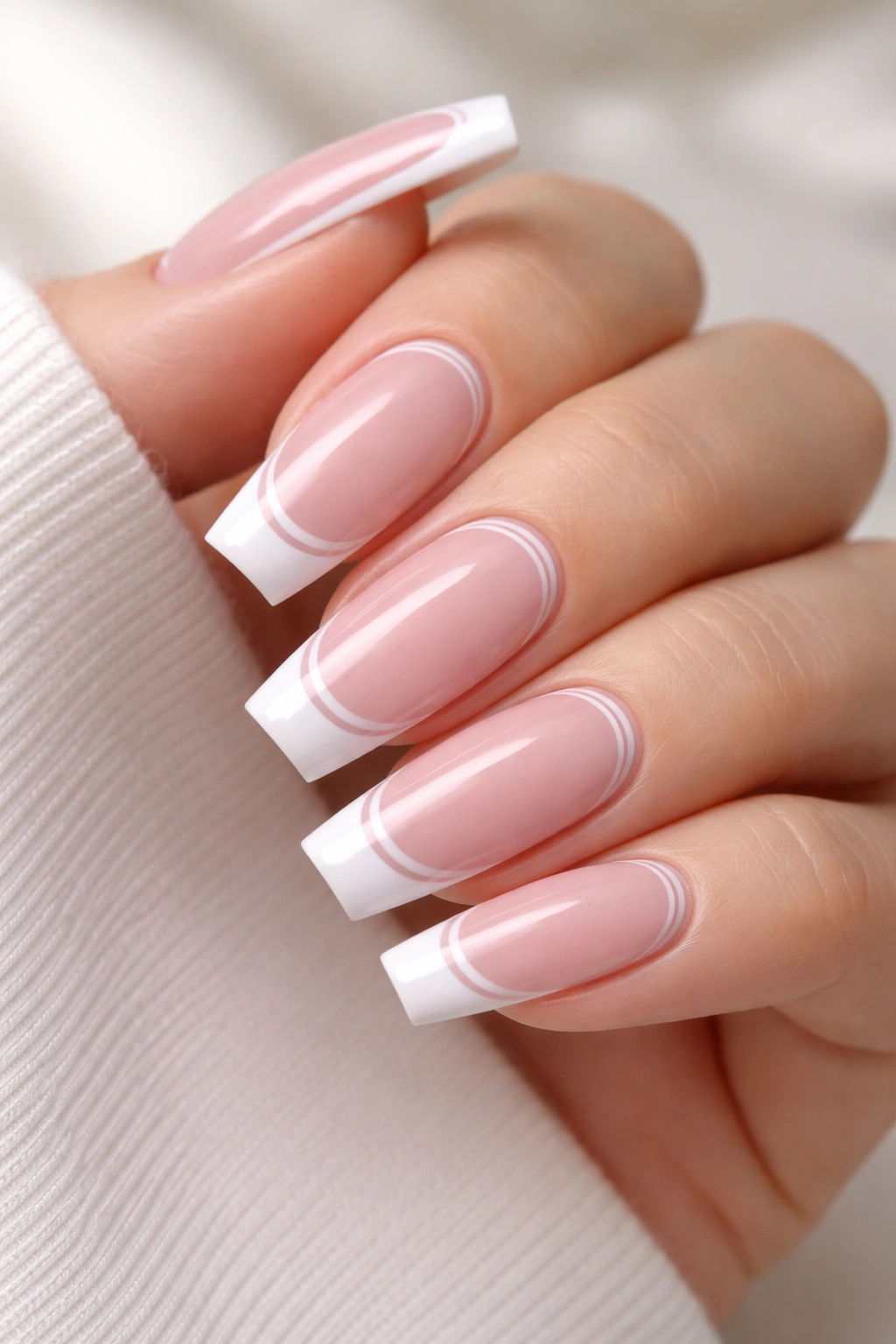 Close-up of double-line light pink coffin nails showing two lines near tip