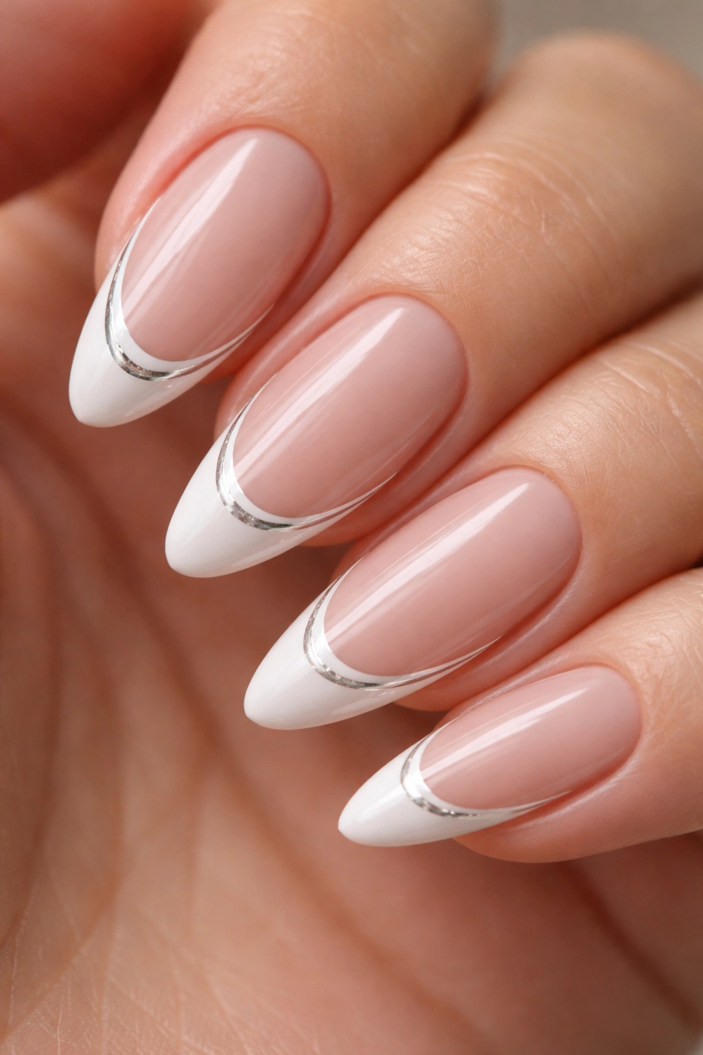 Almond nails with white tip and silver double line
