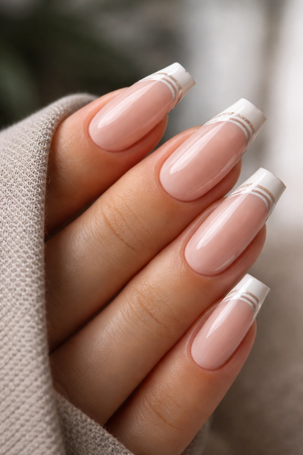 Close-up of double-line French on medium coffin nails with two slim stripes.