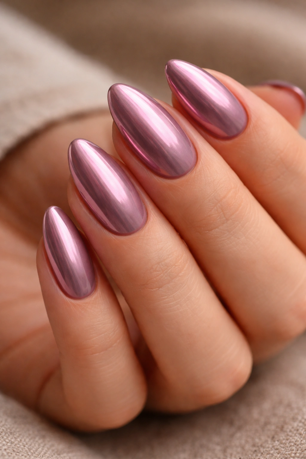 Almond nails with dusty mauve chrome finish.
