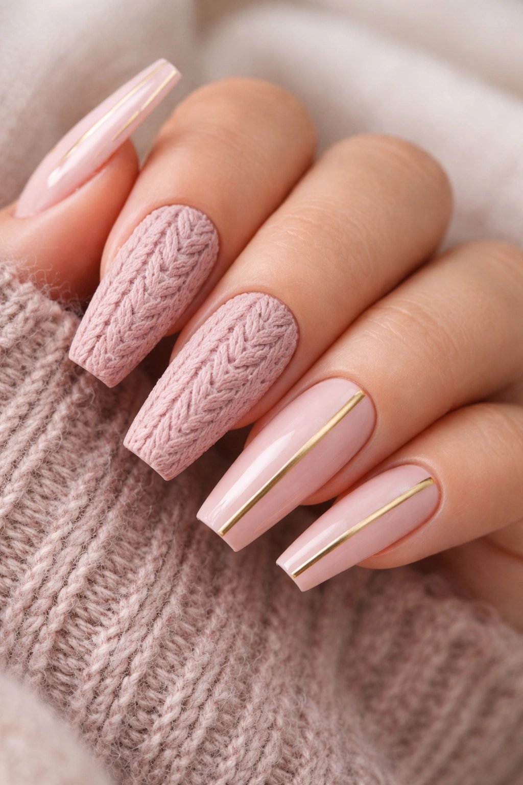 Close-up of coffin nails with dusty pink sweater texture and a gold stripe on adjacent nail