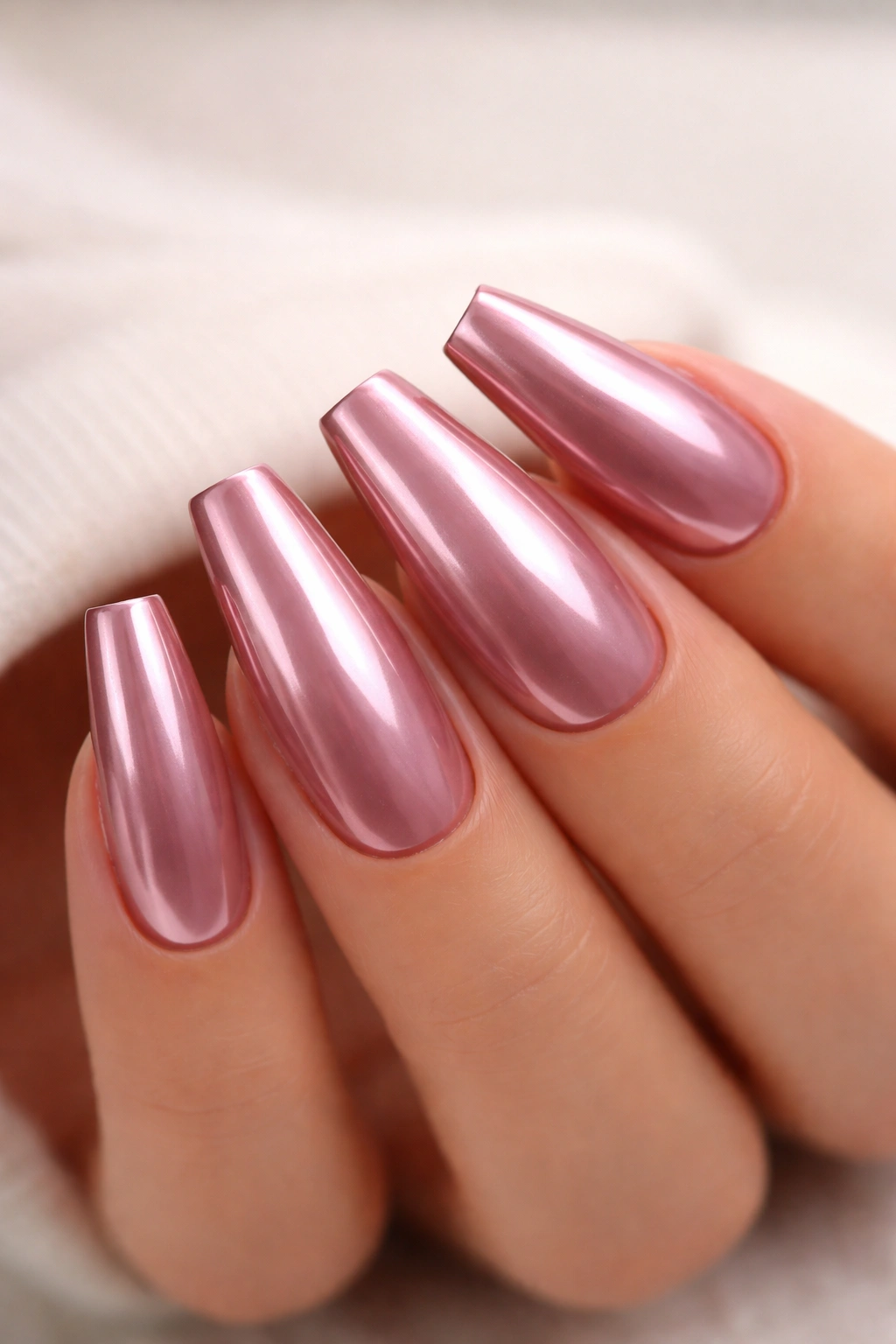 Dusty rose coffin nails with chrome finish in muted pink tones
