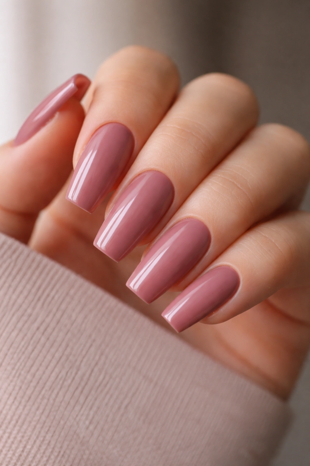 Close-up of dusty rose coffin nails with a glossy top coat