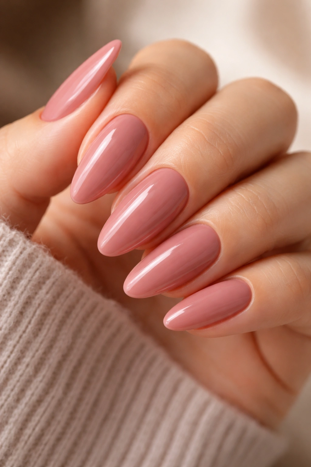 Almond nails in dusty rose with a glossy top coat on a neutral background