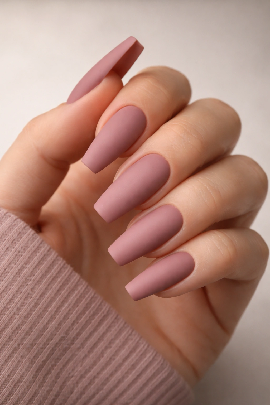 Dusty rose matte coffin nails with soft texture