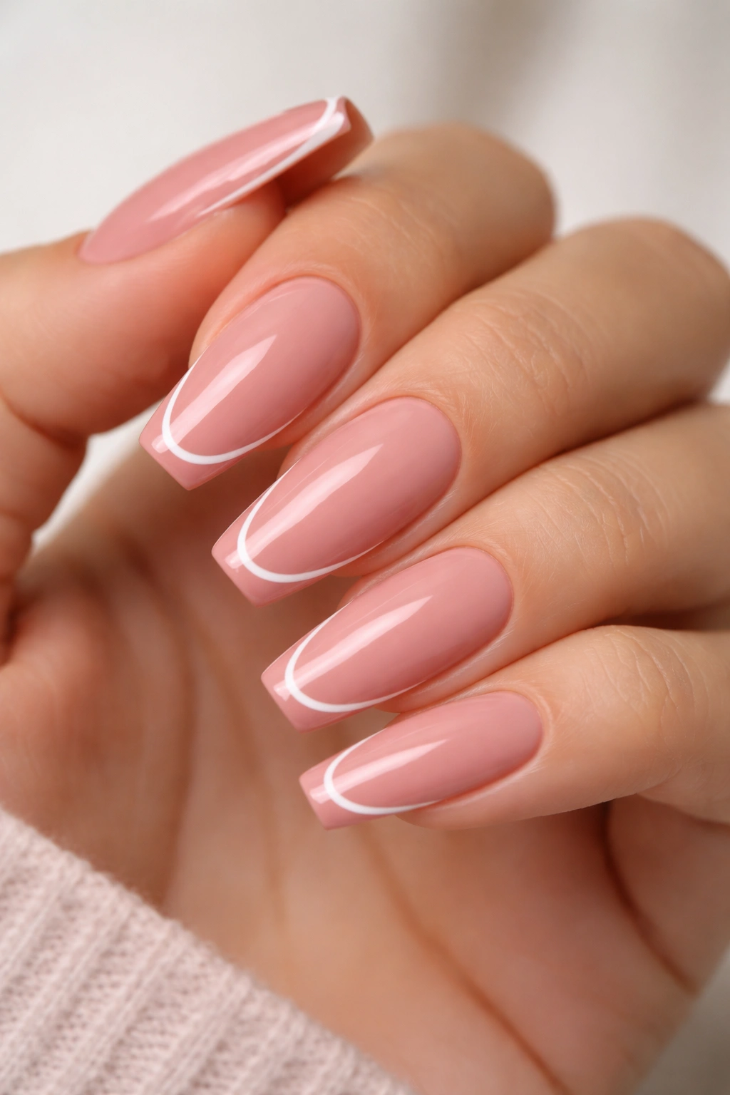Close-up of dusty rose coffin nails with a thin white outline on medium-length tips