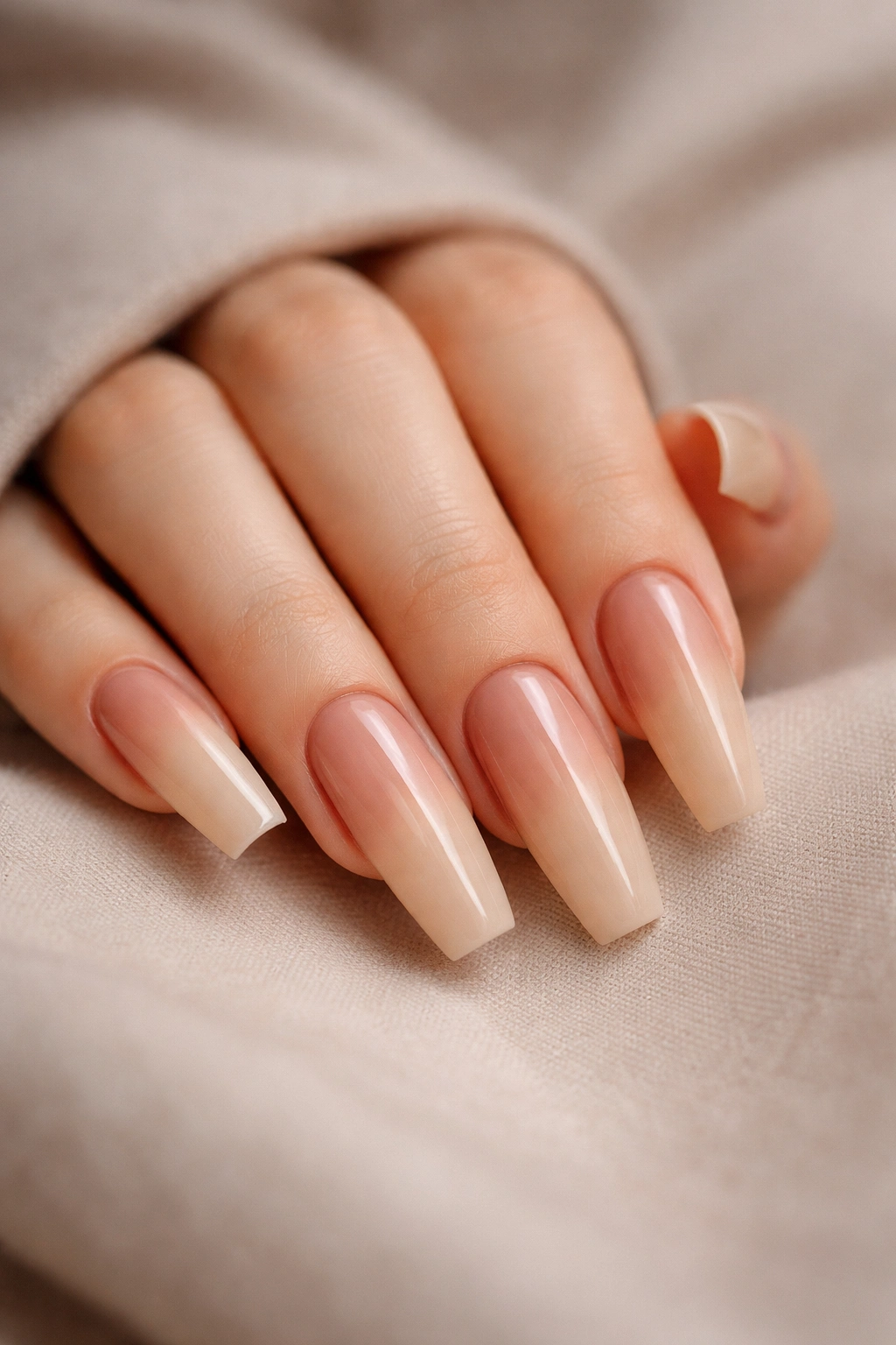 Close-up of dusty rose to sand nude coffin nails with a glossy finish