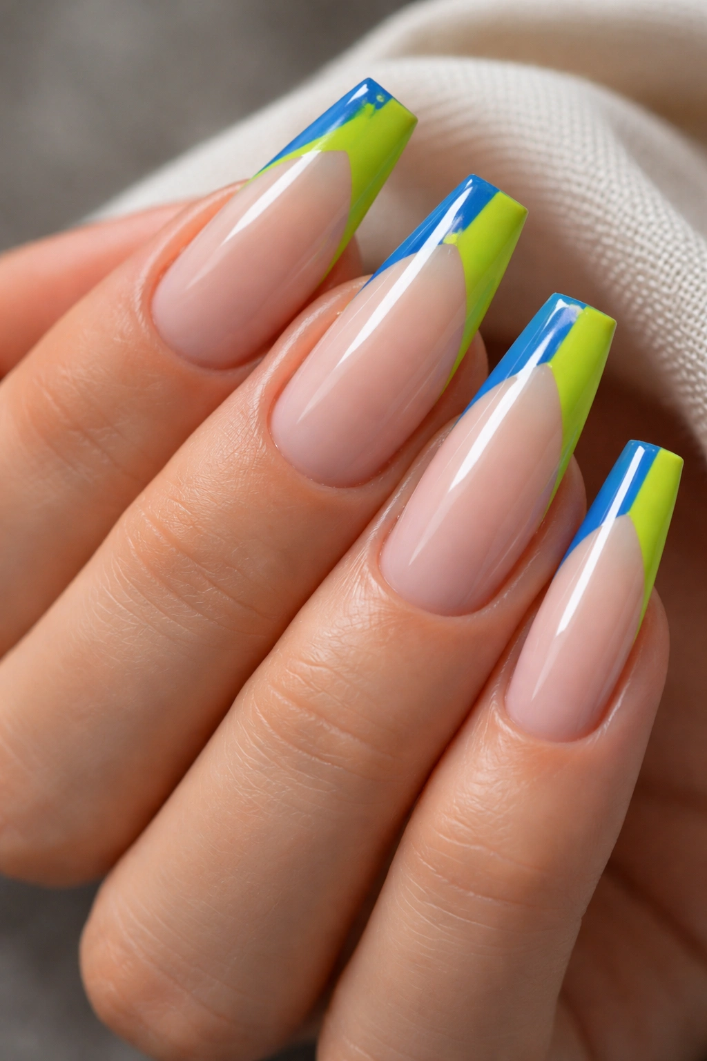 Coffin nails with electric blue and lime color-blocked tips