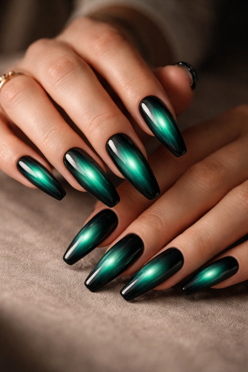 Emerald aura coffin nails with glowing emerald center along the nail