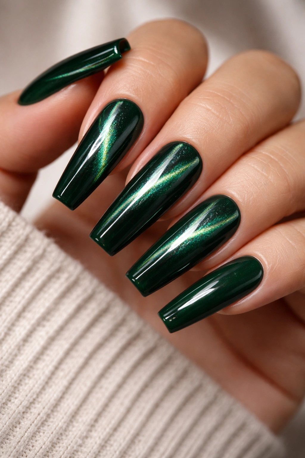 Emerald cat-eye coffin nails with magnetic line on long nails