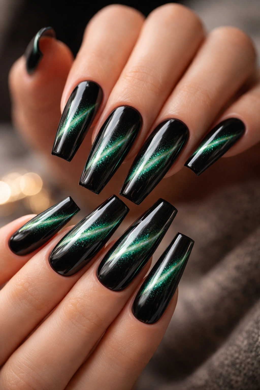 Close-up of emerald cat-eye coffin nails on a hand with dark green base and diagonal line