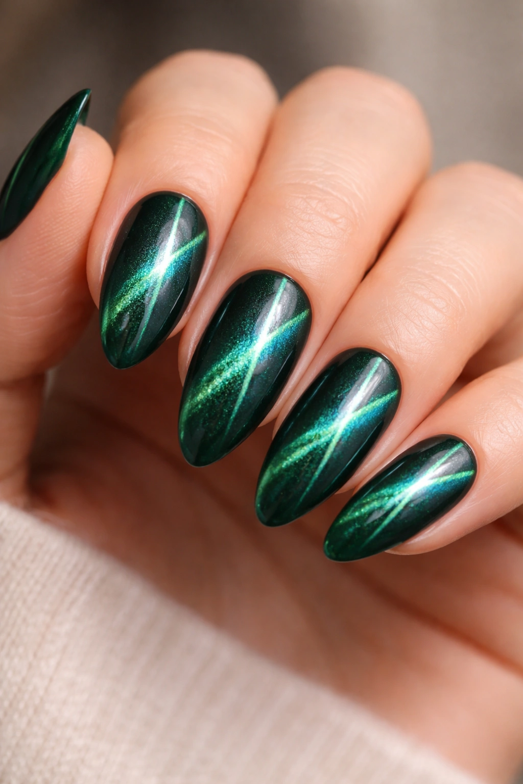 Emerald cat eye nails on almond shape with diagonal shimmer line