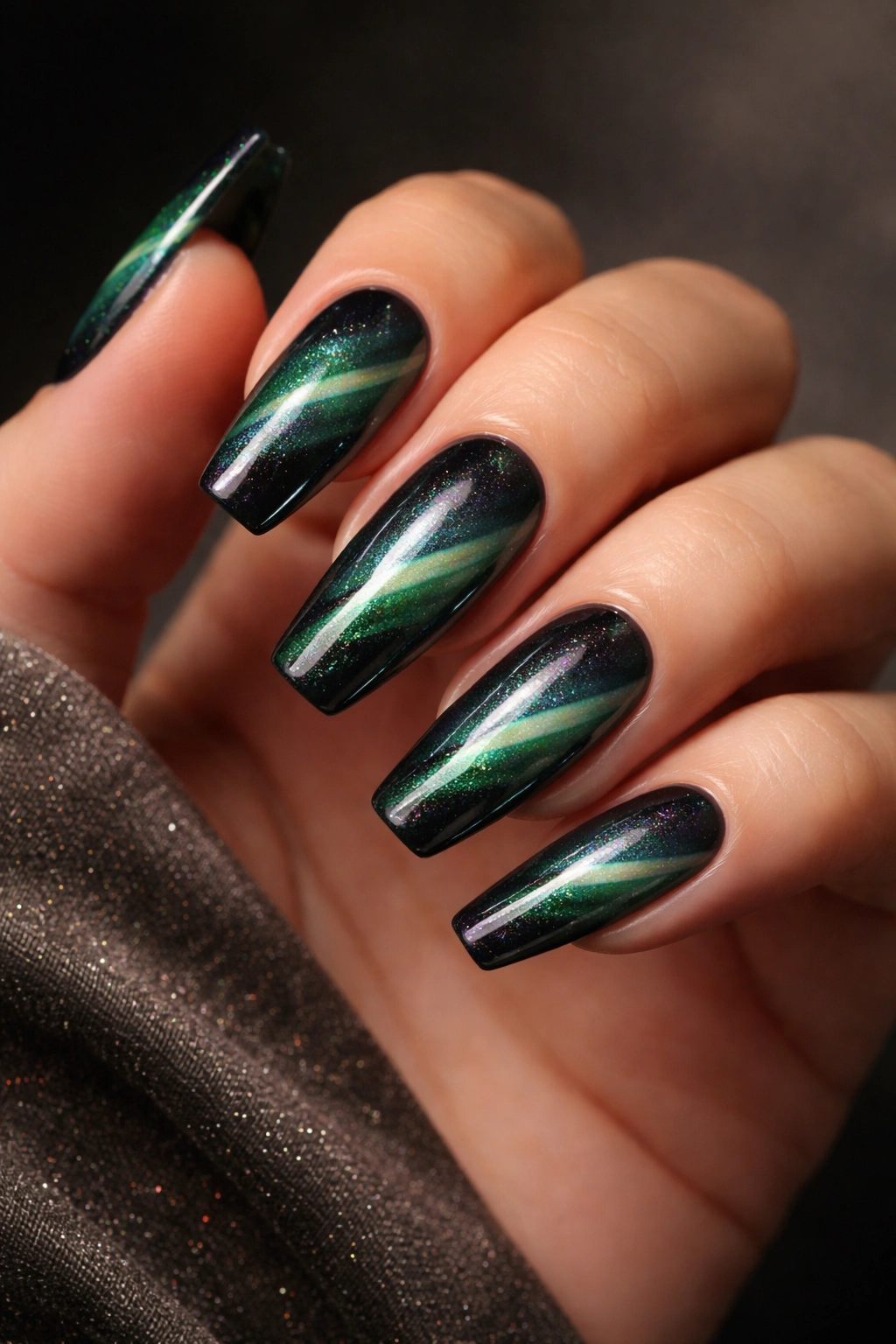 Emerald cat-eye nails with rainbow flash on coffin nails