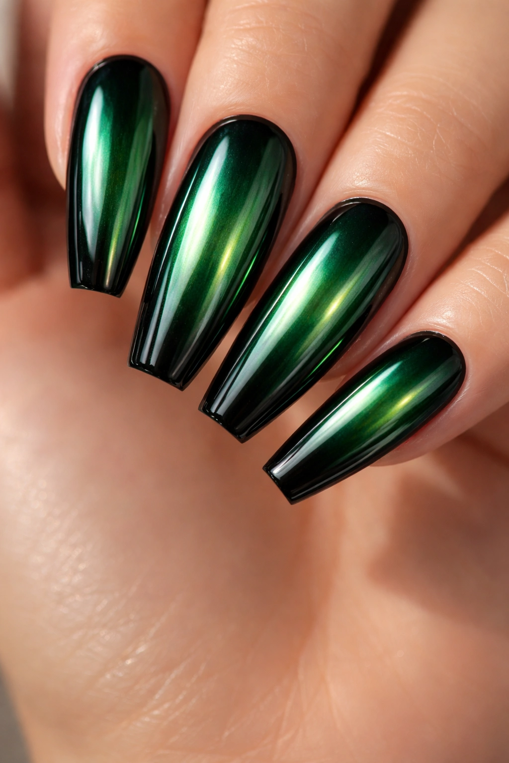 Close-up of Emerald Chrome With a Glossy Black Frame coffin nails showing black edge framing