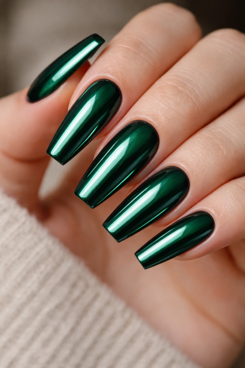 Emerald chrome coffin nails with reflective surface