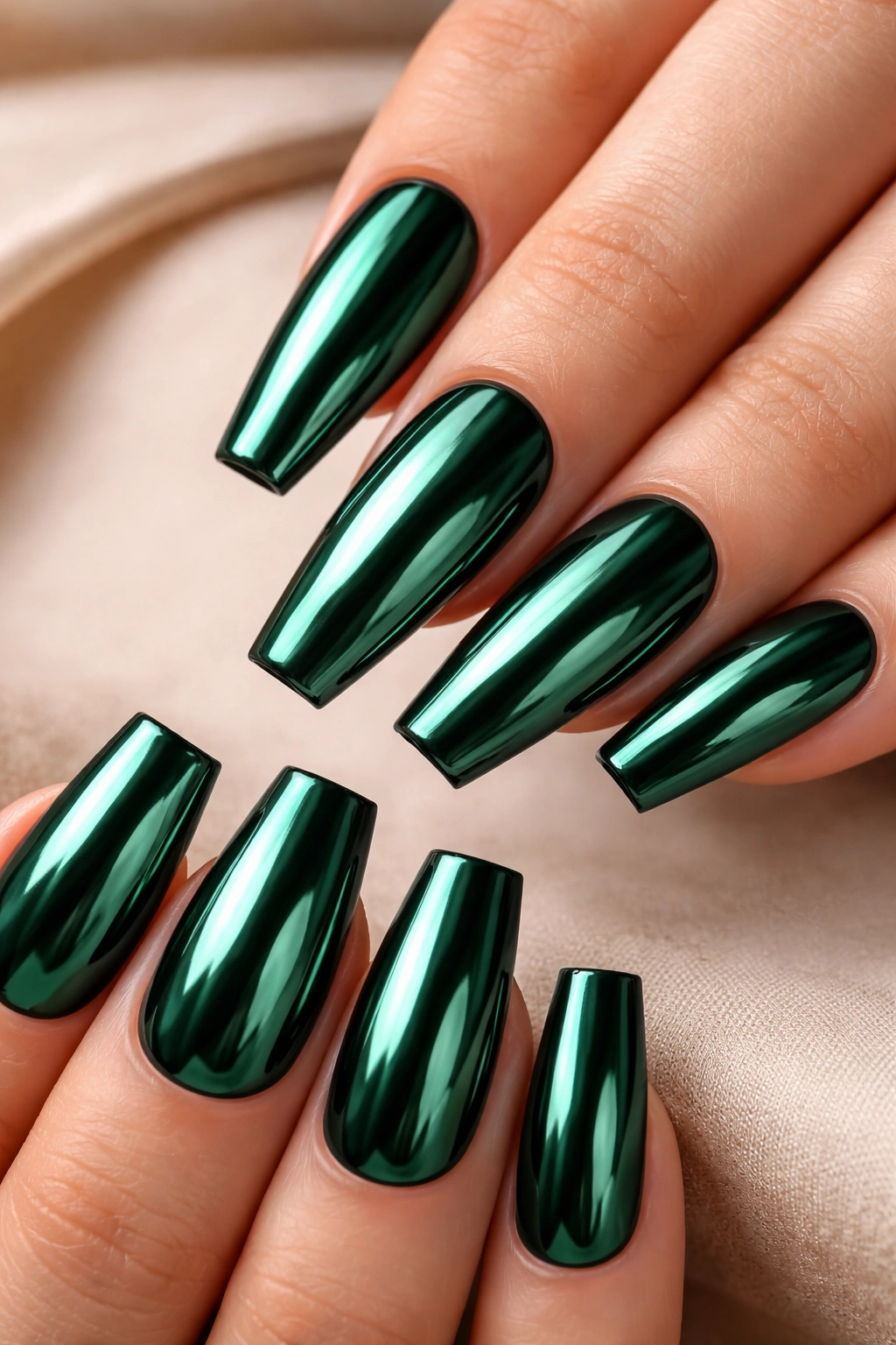 Close-up of emerald chrome coffin nails with mirror finish