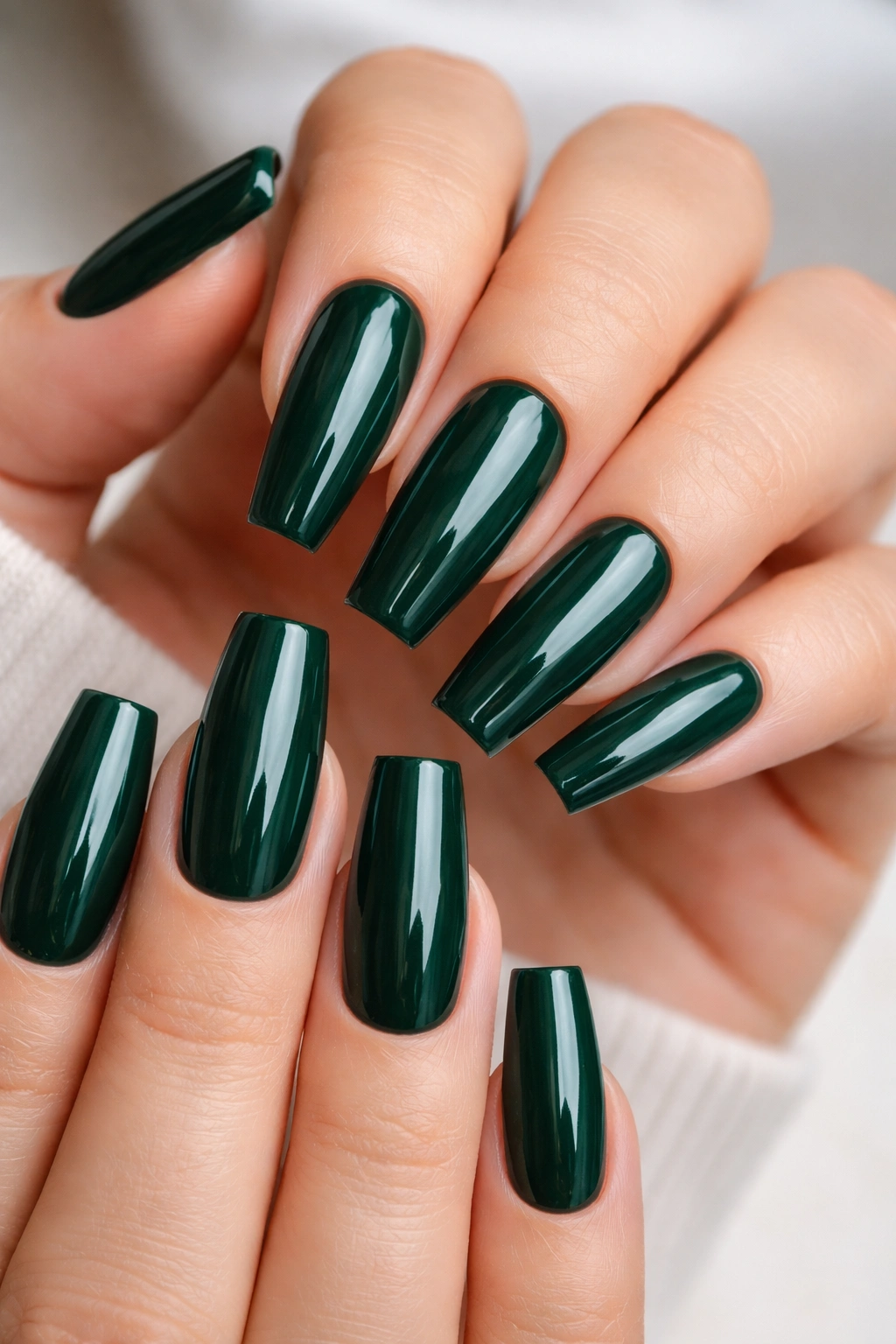 Full set of glossy emerald coffin nails on hand