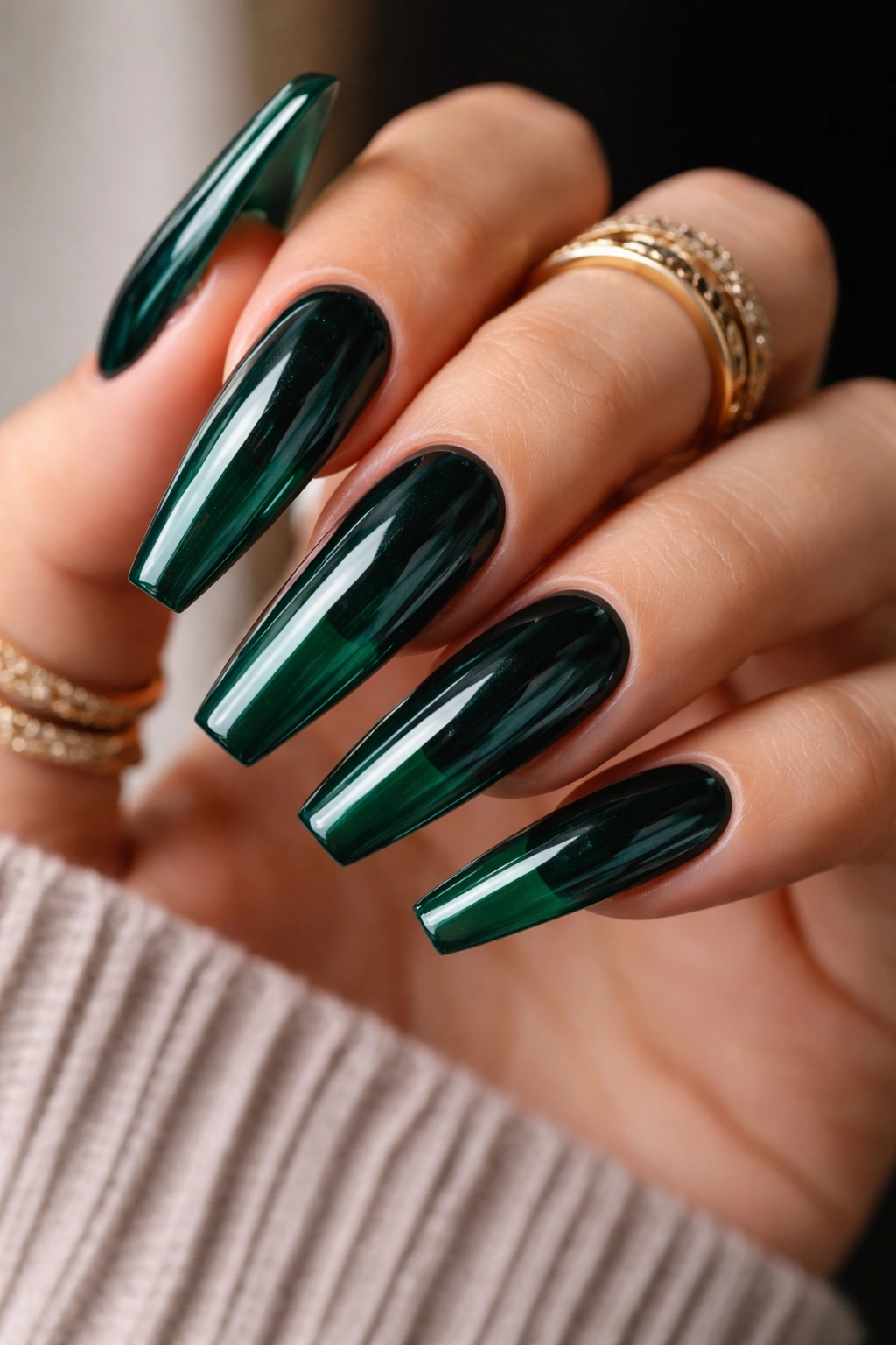 Coffin nails with translucent emerald jelly over a dark base showing depth