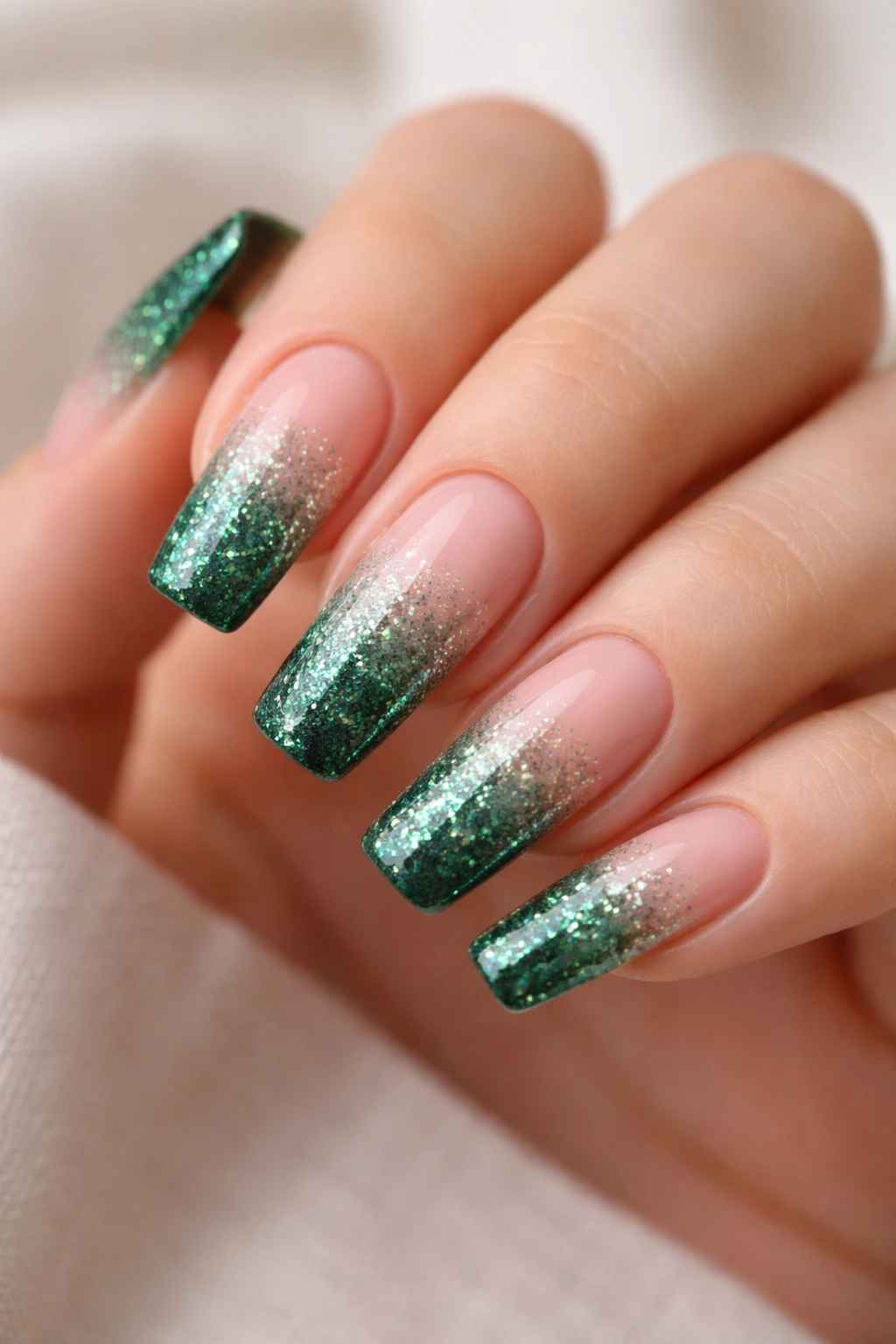 Close-up of Emerald Glitter Fade over Sheer Pink Base nails