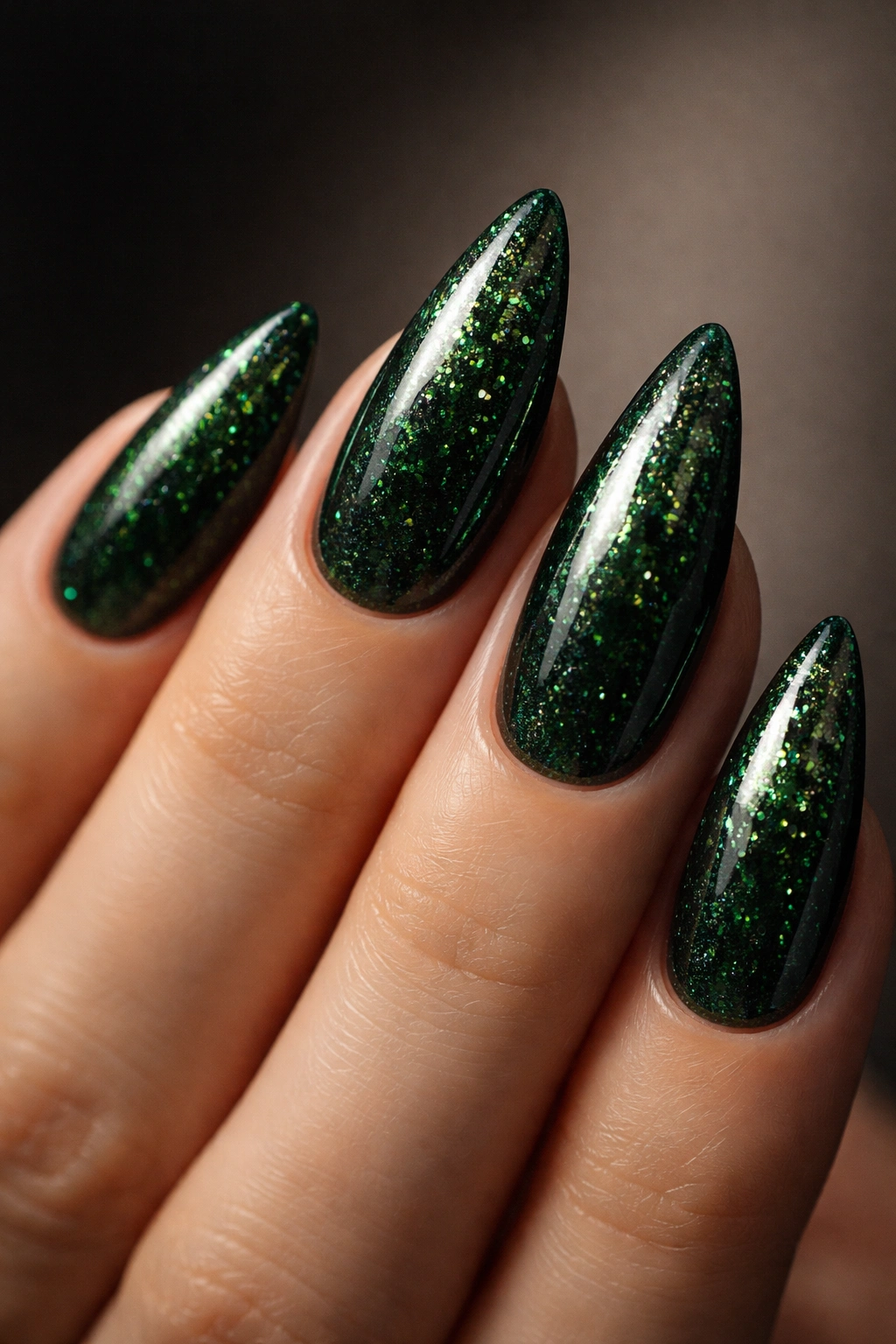 Close-up of emerald glitter almond nails with deep emerald base and leaf-like taper shimmer