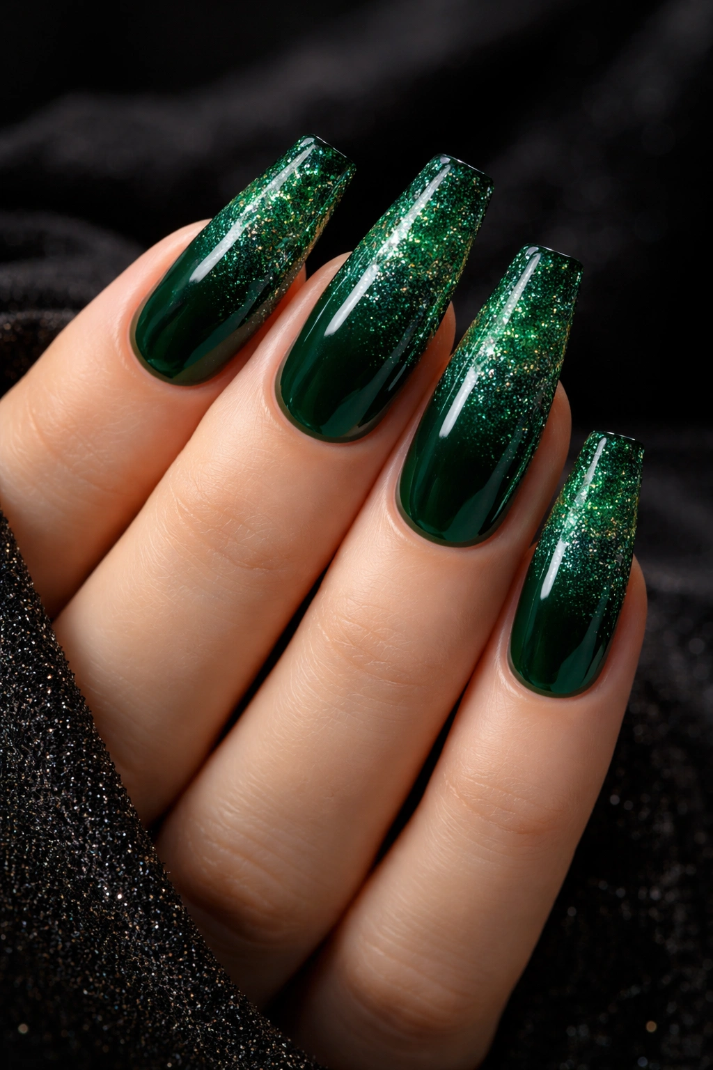 Emerald coffin nails with glitter fade at tips