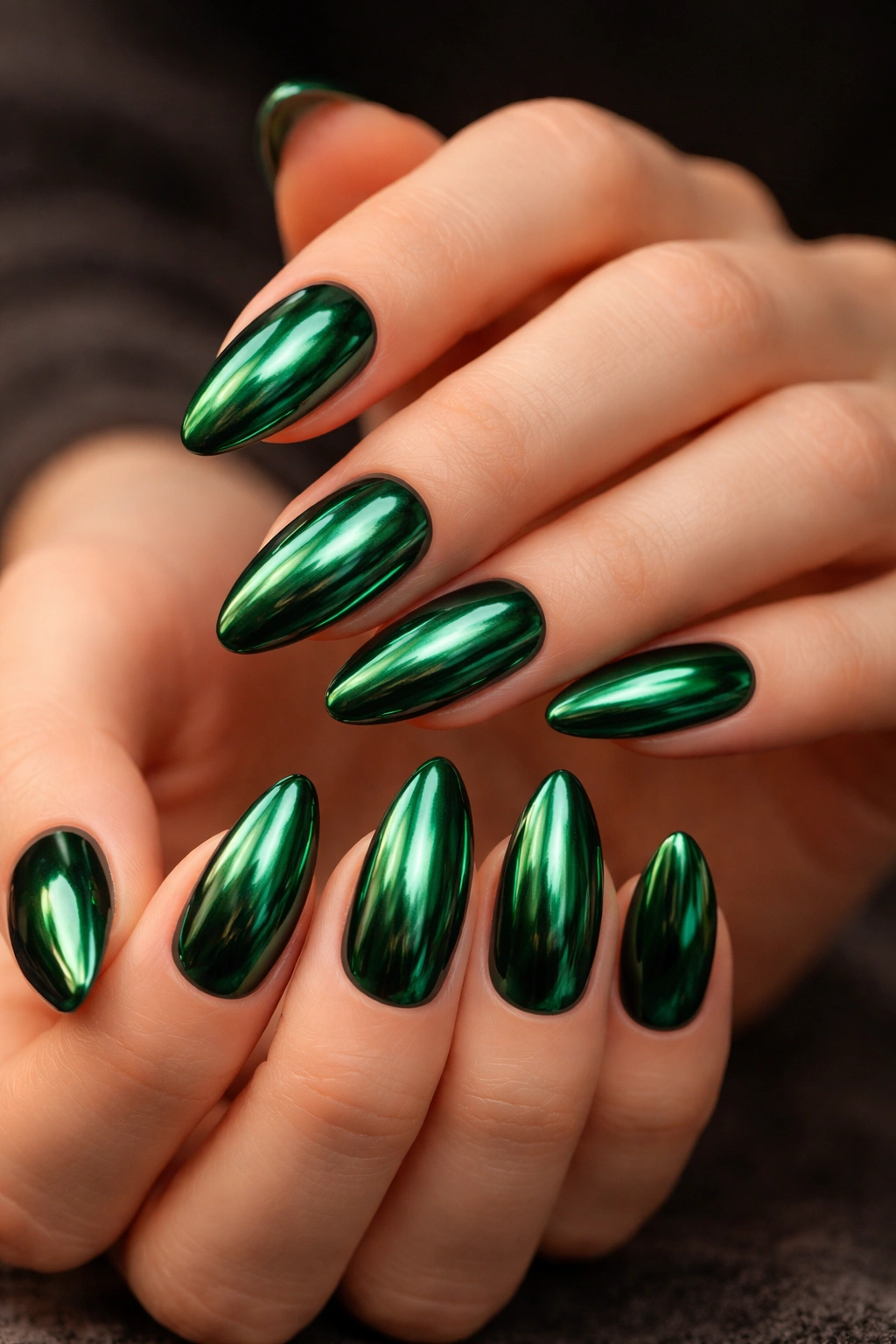 Close-up of emerald green chrome almond nails with deep base