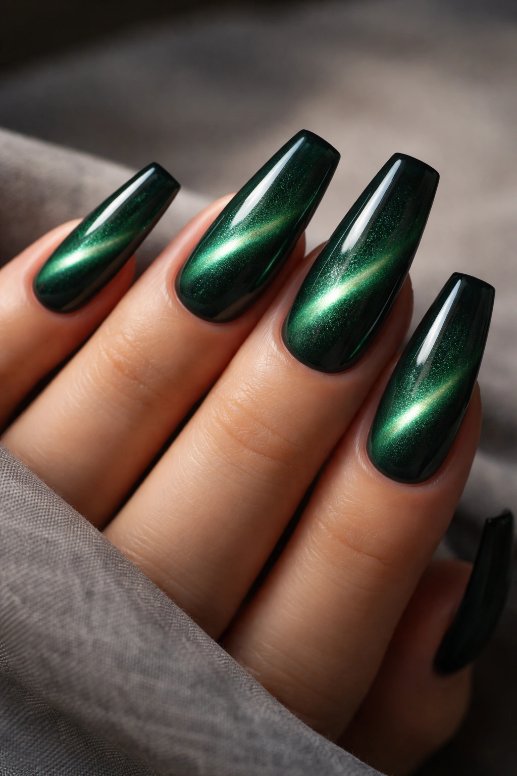 Close-up of emerald jelly cat eye nails with shadowed edges.