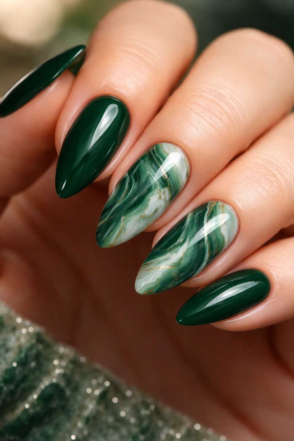 Close-up of emerald marble swirl almond nails.