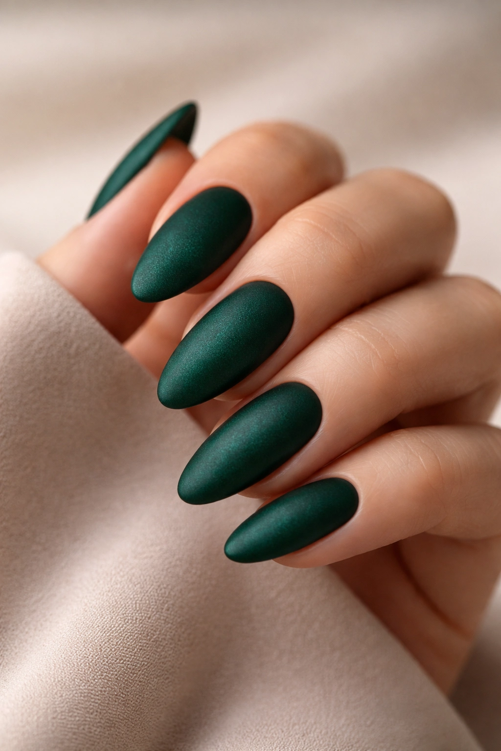 Close-up of almond nails with matte emerald velvet finish.