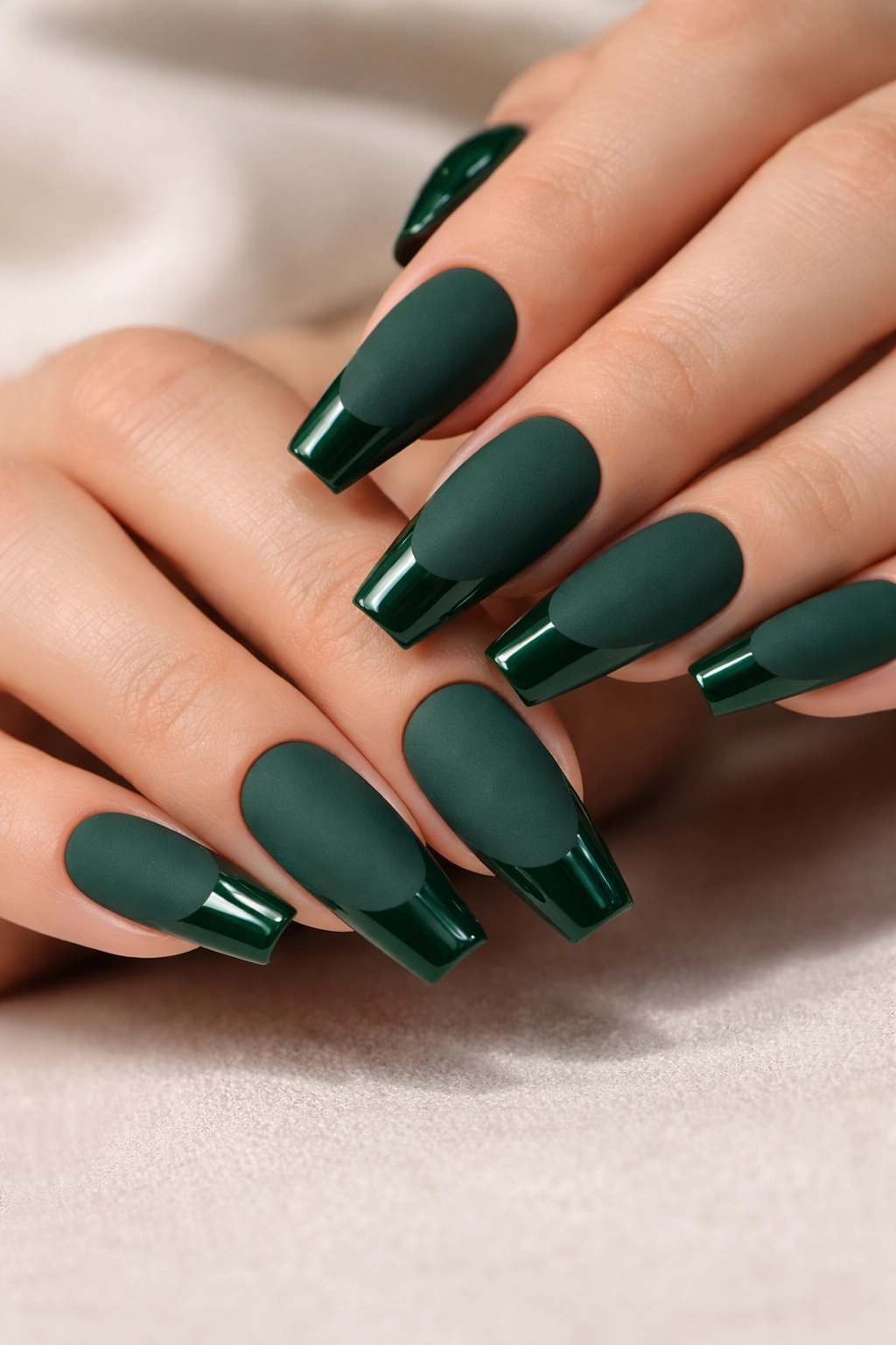 Close-up of coffin nails with emerald matte base and glossy emerald tips forming a crisp smile line