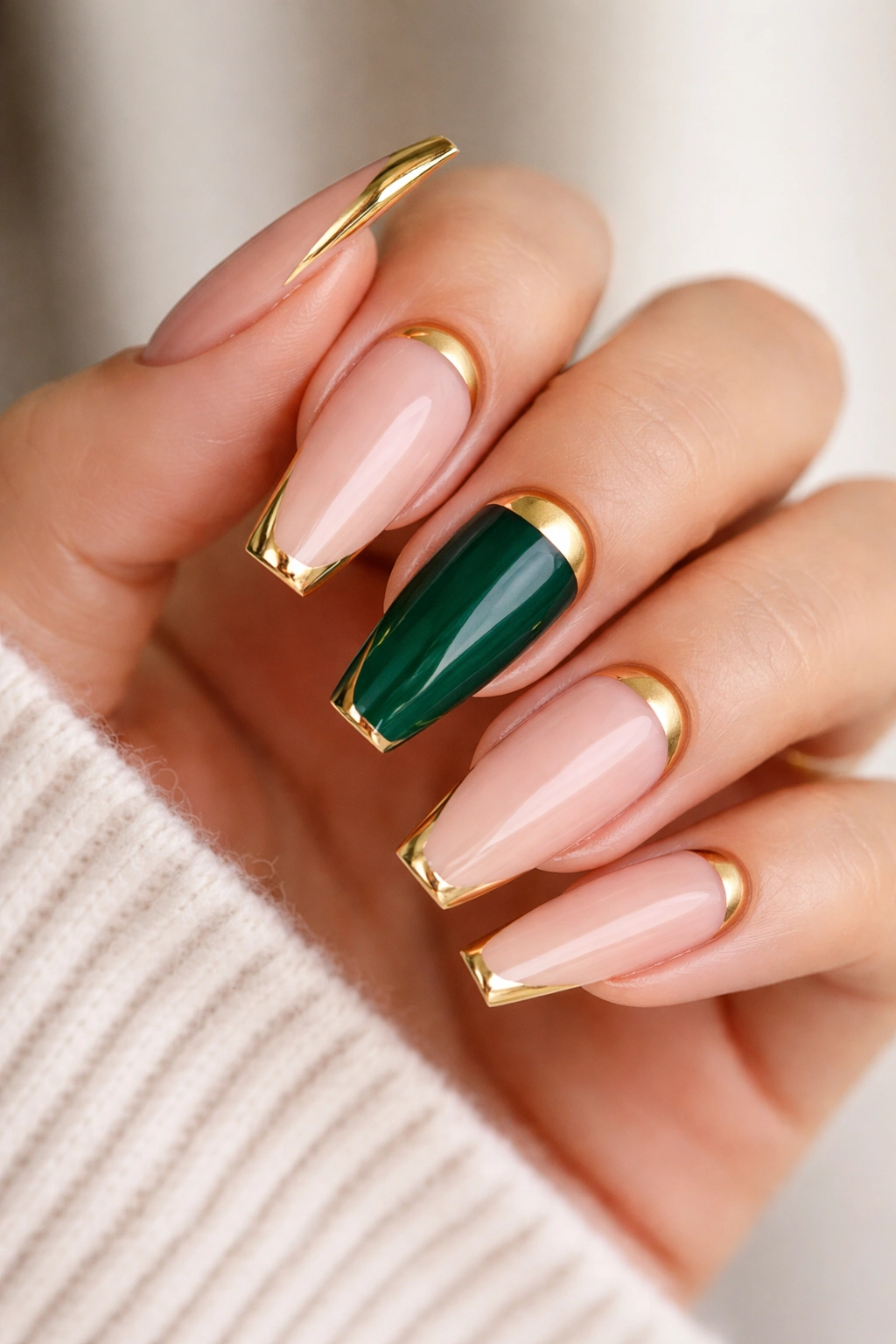 Emerald accent coffin nails with gold reverse French details