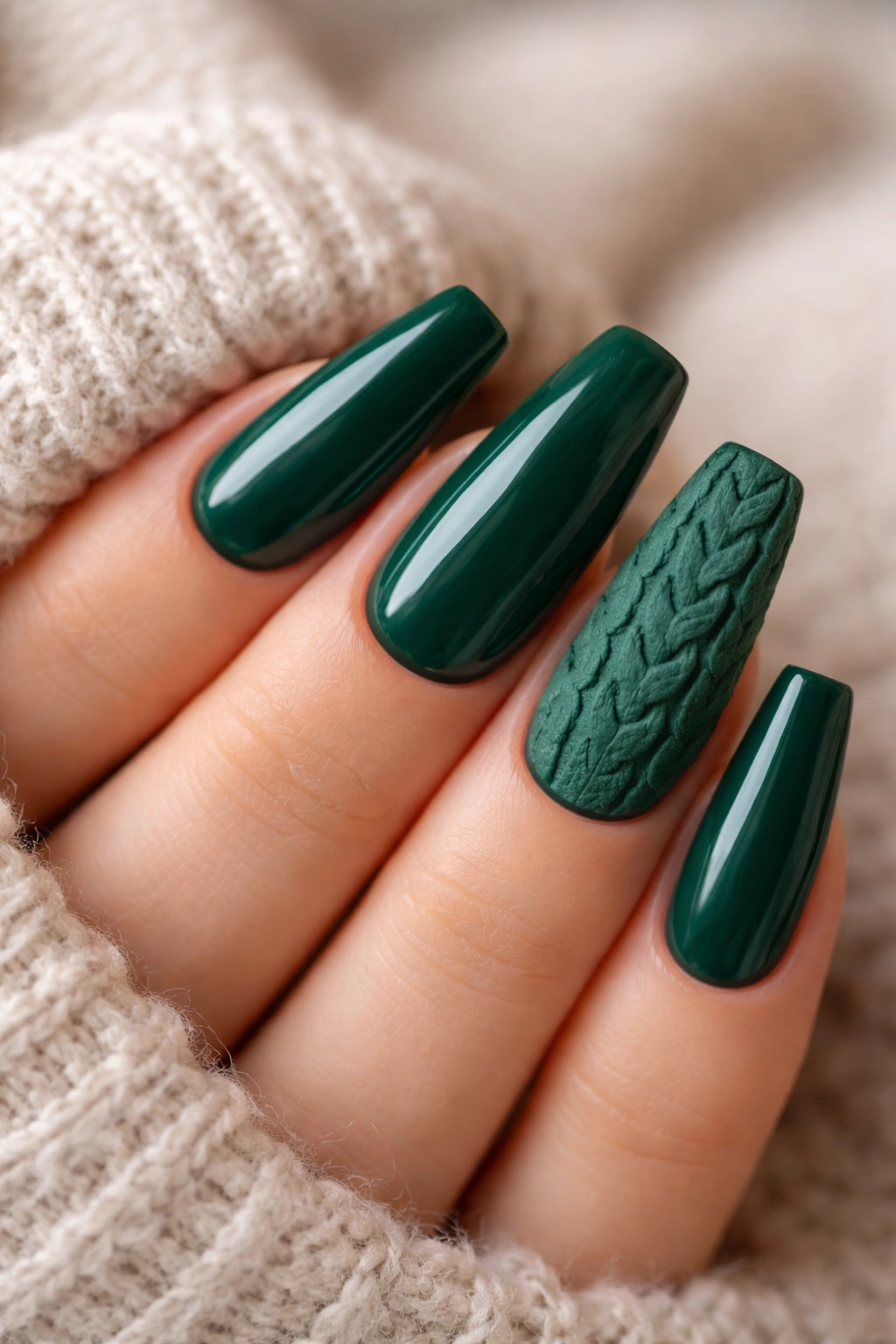 Macro shot of Sweater-Texture Emerald Nails with knit pattern on accent nail
