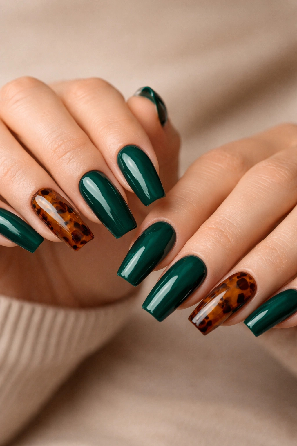 Emerald nails with tortoiseshell accent nails on coffin shapes