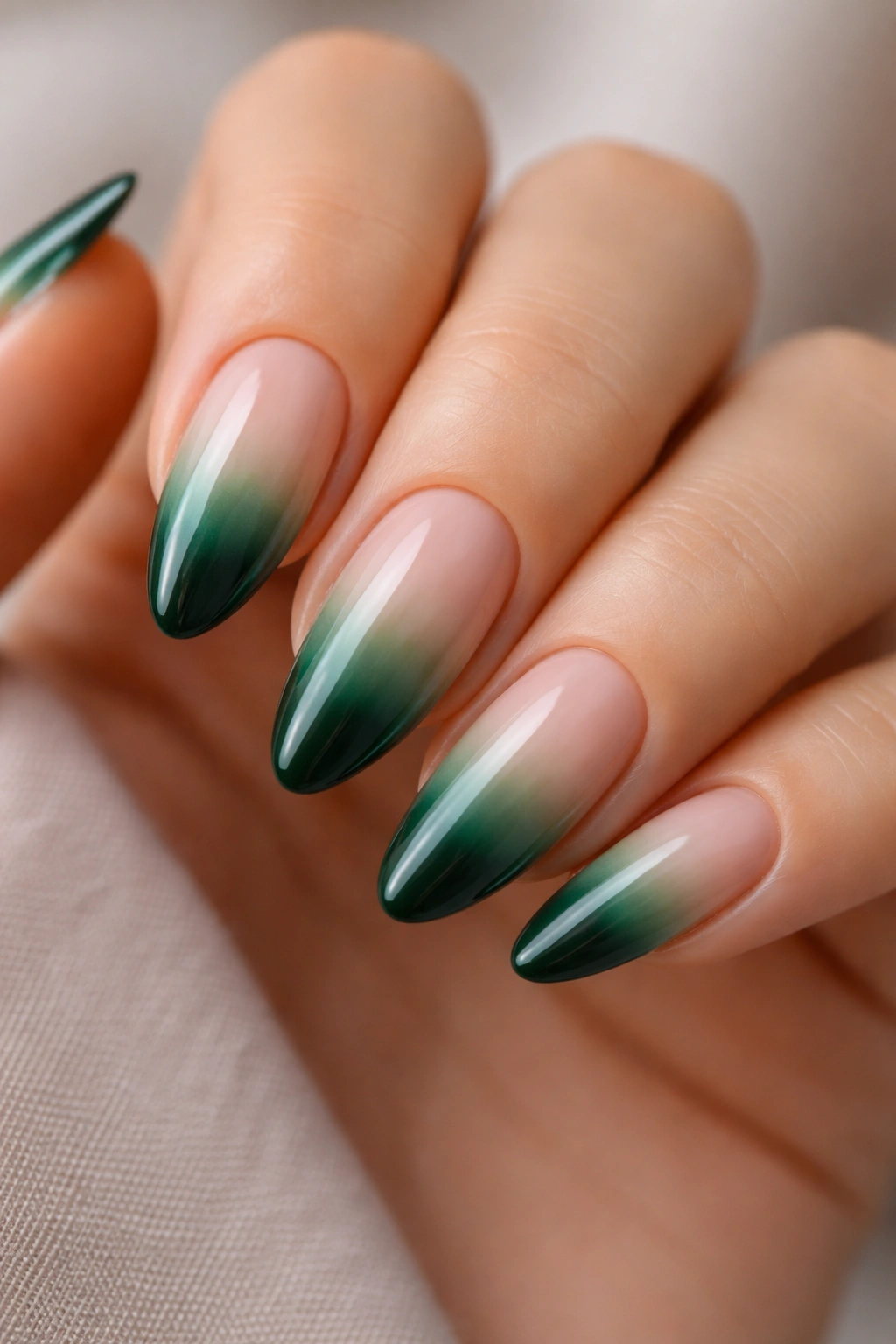 Nude-to-emerald ombré on almond nails with soft gradient