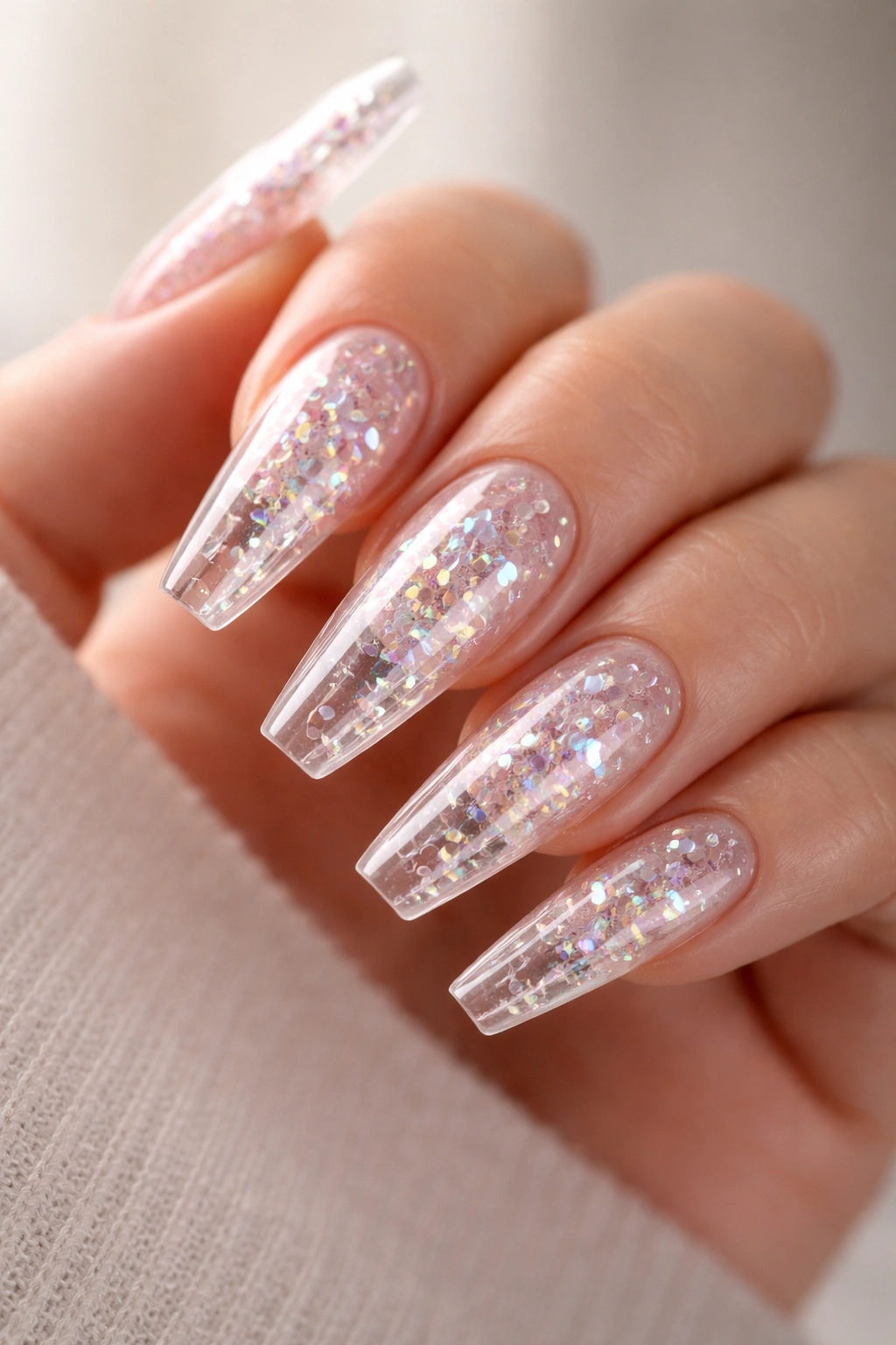 Close-up of clear coffin nails with encapsulated iridescent crystal flakes in gel