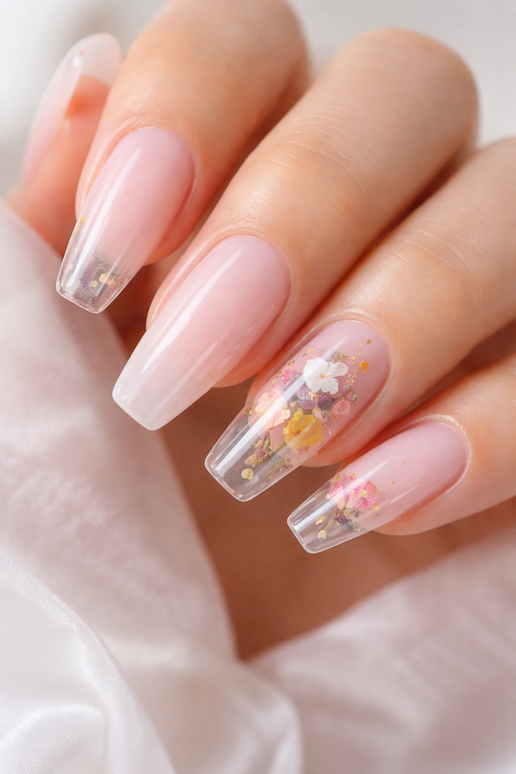 Clear coffin nails with tiny dried flowers encapsulated under clear gel