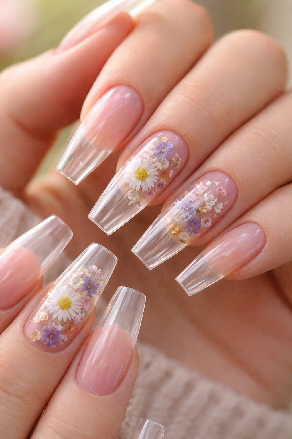 Clear coffin nails with encapsulated pressed flowers under clear gel