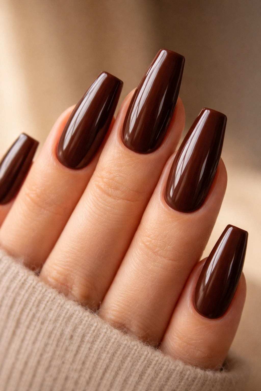 Espresso brown coffin nails with glossy finish