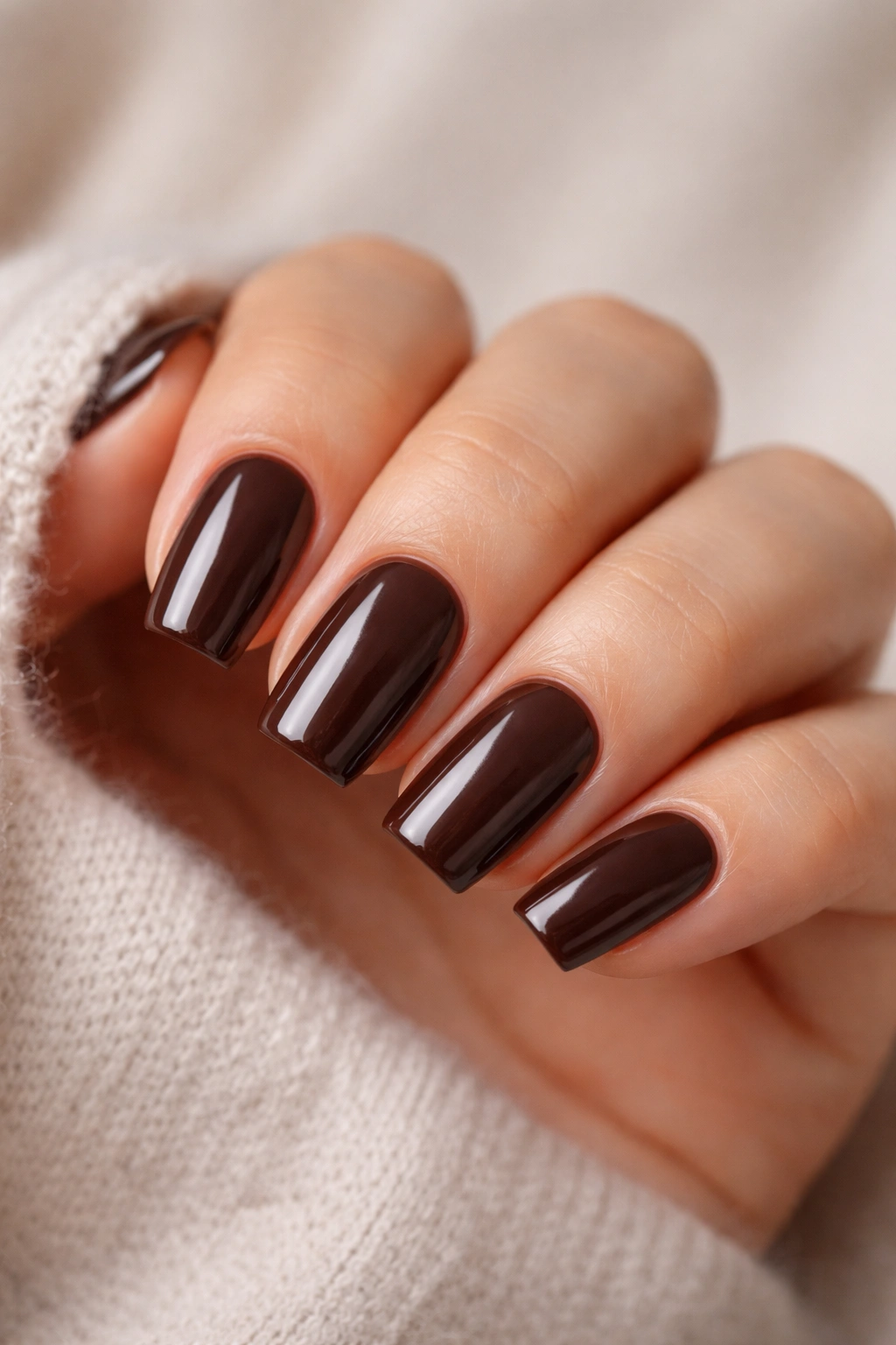 Close-up of espresso brown coffin nails on short length with clean edges