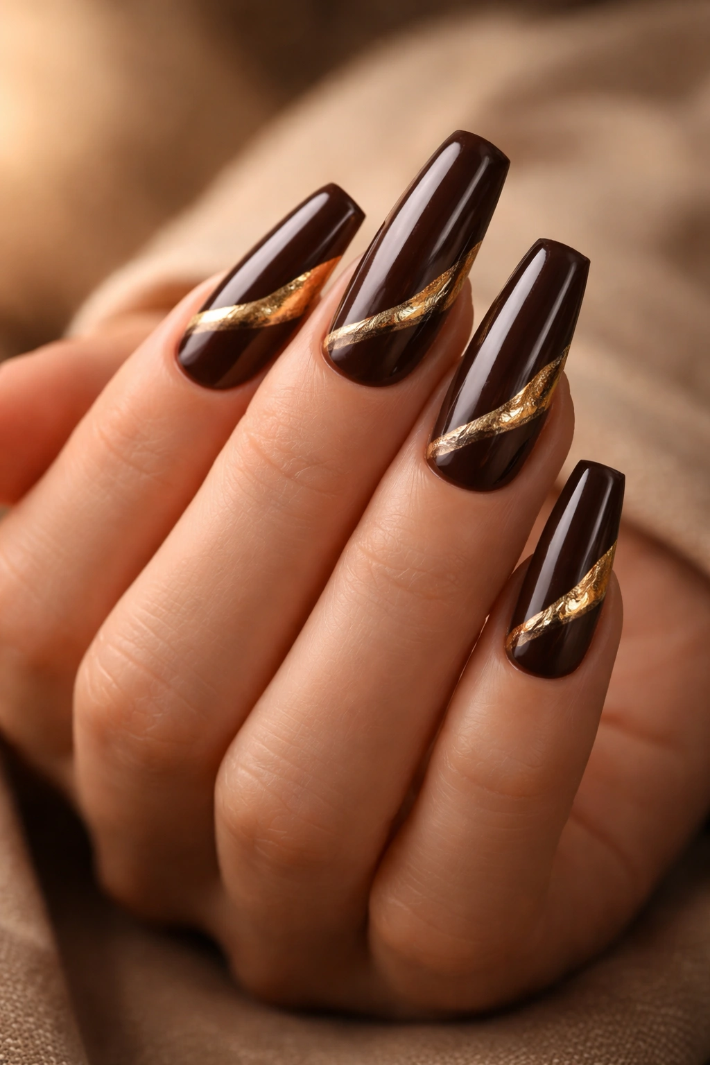 Espresso brown coffin nails with molten diagonal gold tips